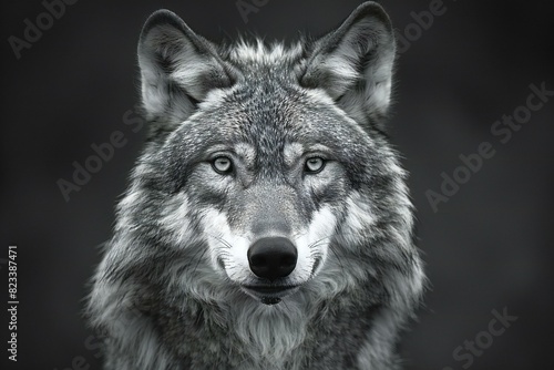 Digital artwork of image of a wolf in black and white, high quality, high resolution