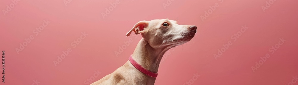 A dog with a pink collar is standing on a pink background