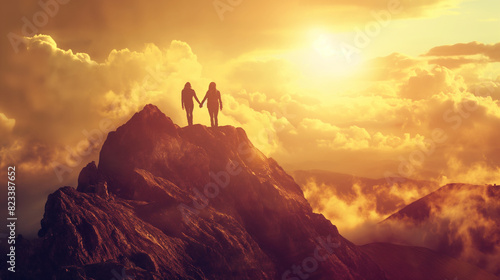 A couple reaching the summit of a mountain, holding hands and looking at the view. Dynamic and dramatic composition, with cope space
