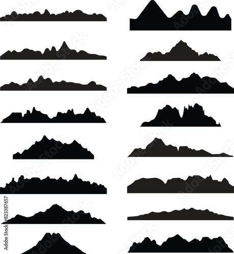Set of Valley hill silhouette for hiking, camping or climbing sports and travel. Black Fill Rock Hill and Mountain icons of rocky landscape shapes, vectors mount peak icons on transparent background.