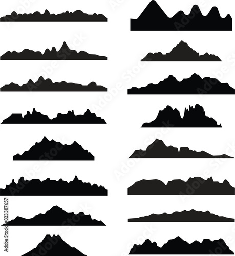 Set of Valley hill silhouette for hiking  camping or climbing sports and travel. Black Fill Rock Hill and Mountain icons of rocky landscape shapes  vectors mount peak icons on transparent background.