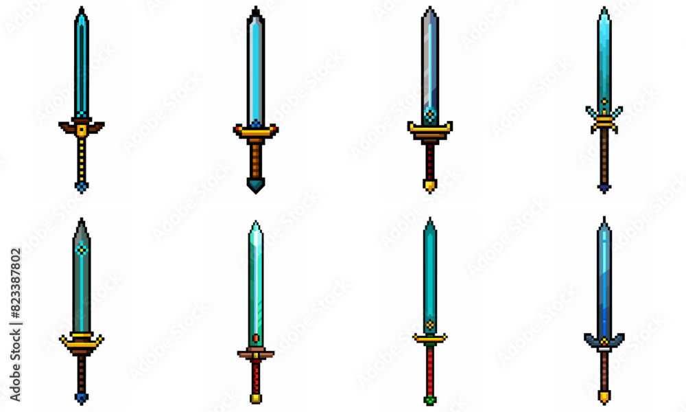 Pixel art weapon sword craft set. Retro rpg style swords isolated. Computer video game swords clip art. Pixelated longsword, dagger. Swords isolated. Mine vector on white background. Pixel art weapon sword craft set. Retro rpg style swords isolated. Computer video game swords clip art. Pixelated longsword, dagger. Swords isolated. Mine vector on white background.