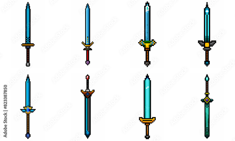 Pixel art weapon sword craft set. Retro rpg style swords isolated. Computer video game swords clip art. Pixelated longsword, dagger. Swords isolated. Mine vector on white background. Pixel art weapon sword craft set. Retro rpg style swords isolated. Computer video game swords clip art. Pixelated longsword, dagger. Swords isolated. Mine vector on white background.