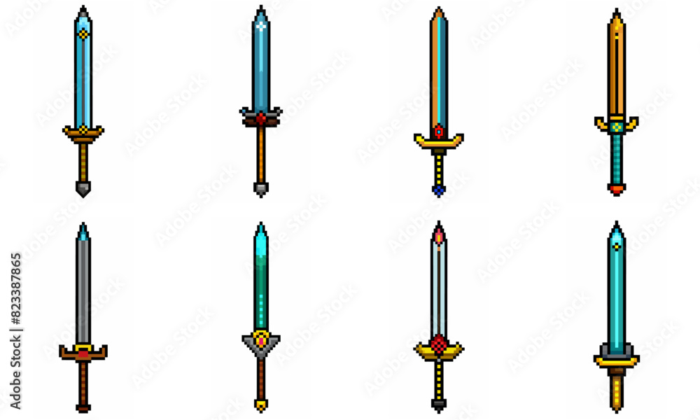 Pixel art weapon sword craft set. Retro rpg style swords isolated. Computer video game swords clip art. Pixelated longsword, dagger. Swords isolated. Mine vector on white background. Pixel art weapon sword craft set. Retro rpg style swords isolated. Computer video game swords clip art. Pixelated longsword, dagger. Swords isolated. Mine vector on white background.