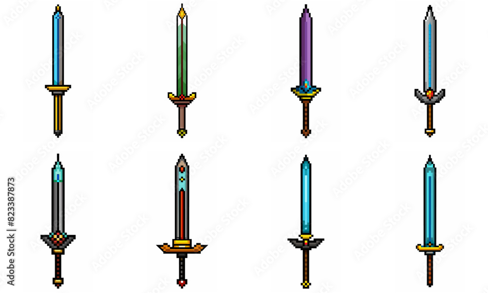 Pixel art weapon sword craft set. Retro rpg style swords isolated. Computer video game swords clip art. Pixelated longsword, dagger. Swords isolated. Mine vector on white background. Pixel art weapon sword craft set. Retro rpg style swords isolated. Computer video game swords clip art. Pixelated longsword, dagger. Swords isolated. Mine vector on white background.