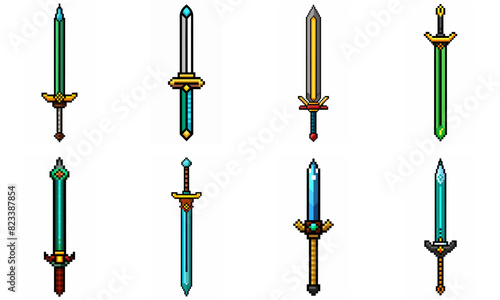 Pixel art weapon sword craft set. Retro rpg style swords isolated. Computer video game swords clip art. Pixelated longsword, dagger. Swords isolated. Mine vector on white background.