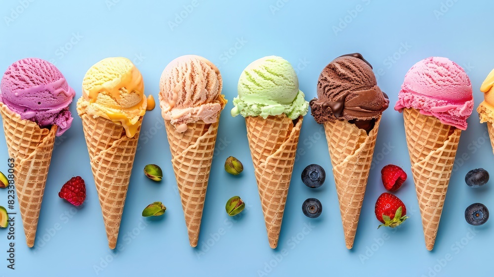 Waffle cones with delicious strawberry, vanilla and ice-cream on blue color background with copyspace, different colors and fillings. Delicious cold dessert Waffle cones with delicious strawberry, vanilla and ice-cream on blue color background with copyspace, different colors and fillings. Delicious cold dessert