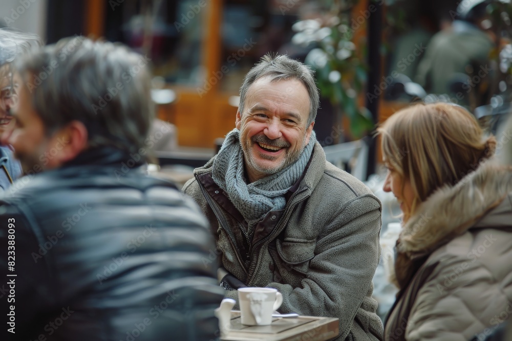 Mature man laughing and drinking coffee on the street in Paris, France Mature man laughing and drinking coffee on the street in Paris, France