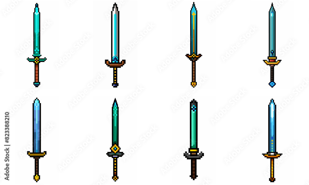 Pixel art weapon sword craft set. Retro rpg style swords isolated. Computer video game swords clip art. Pixelated longsword, dagger. Swords isolated. Mine vector on white background. Pixel art weapon sword craft set. Retro rpg style swords isolated. Computer video game swords clip art. Pixelated longsword, dagger. Swords isolated. Mine vector on white background.