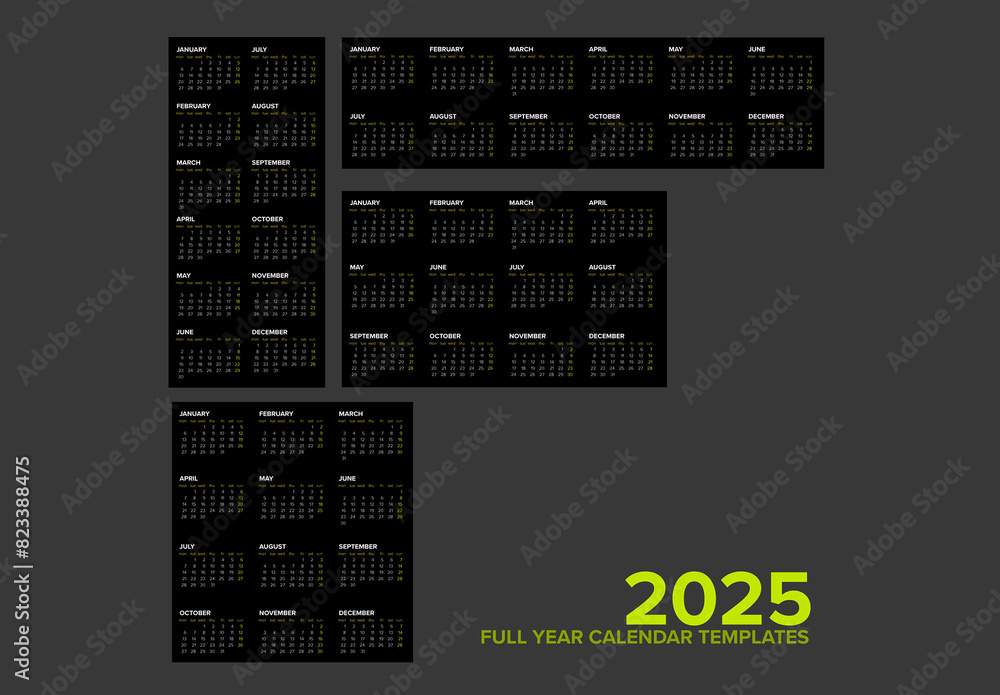 Dark full year calendar layout design templates for the year 2025 (monday first day)