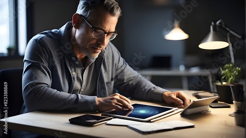 Man utilizing a high-tech tablet to work on a project photo