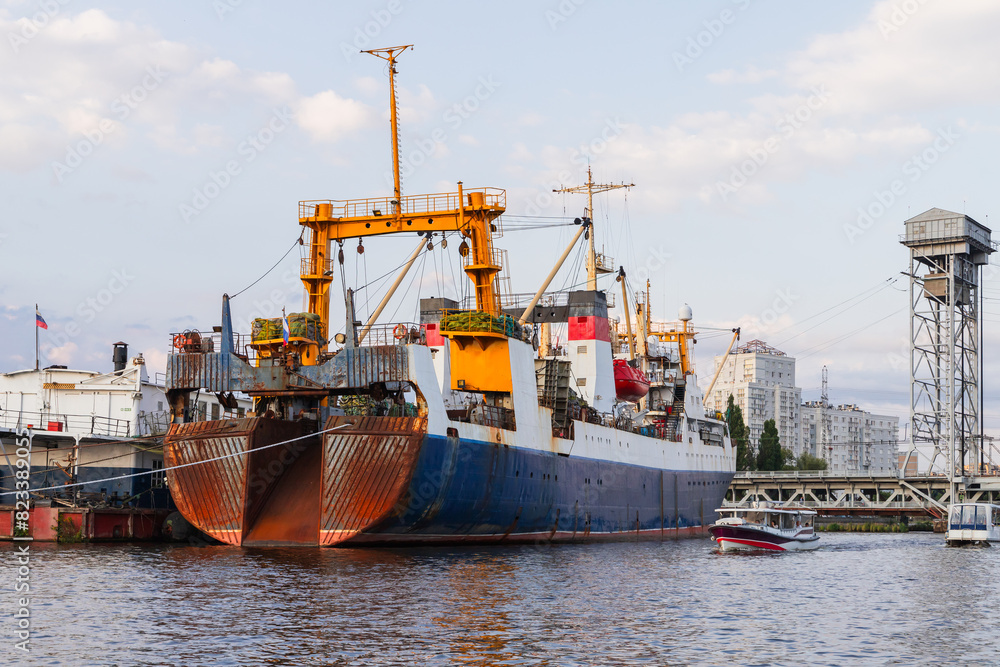Industrial fishing vessel is moored in Kaliningrad port