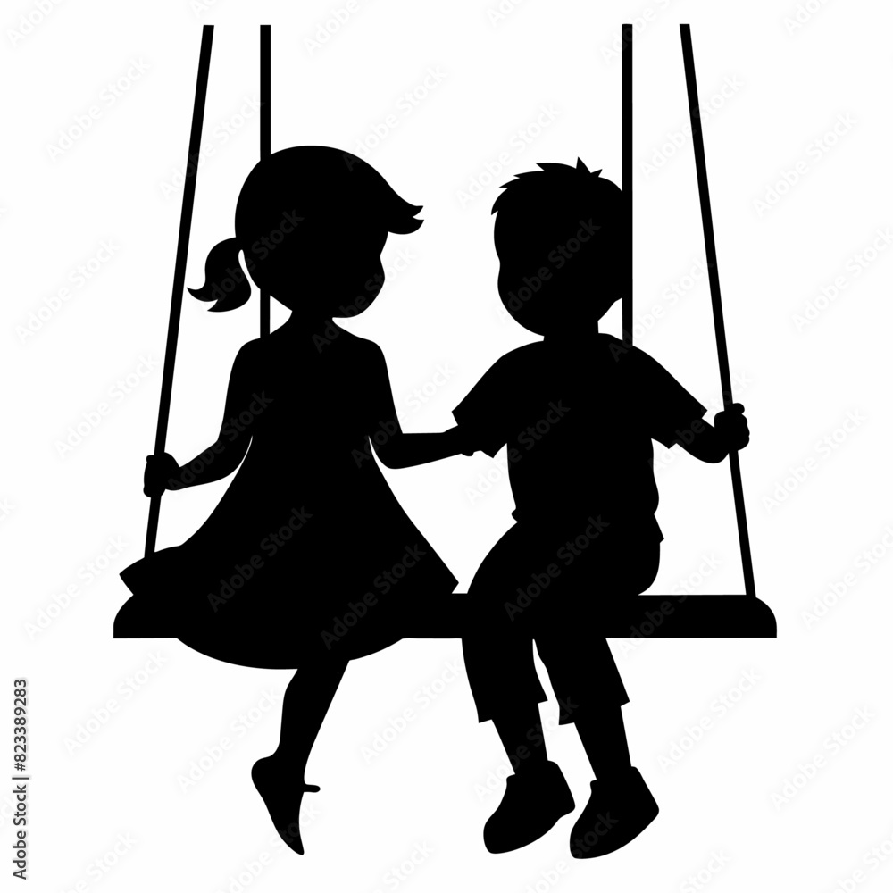 cute siblings on a swing vector silhouette black color, white background cute siblings on a swing vector silhouette black color, white background