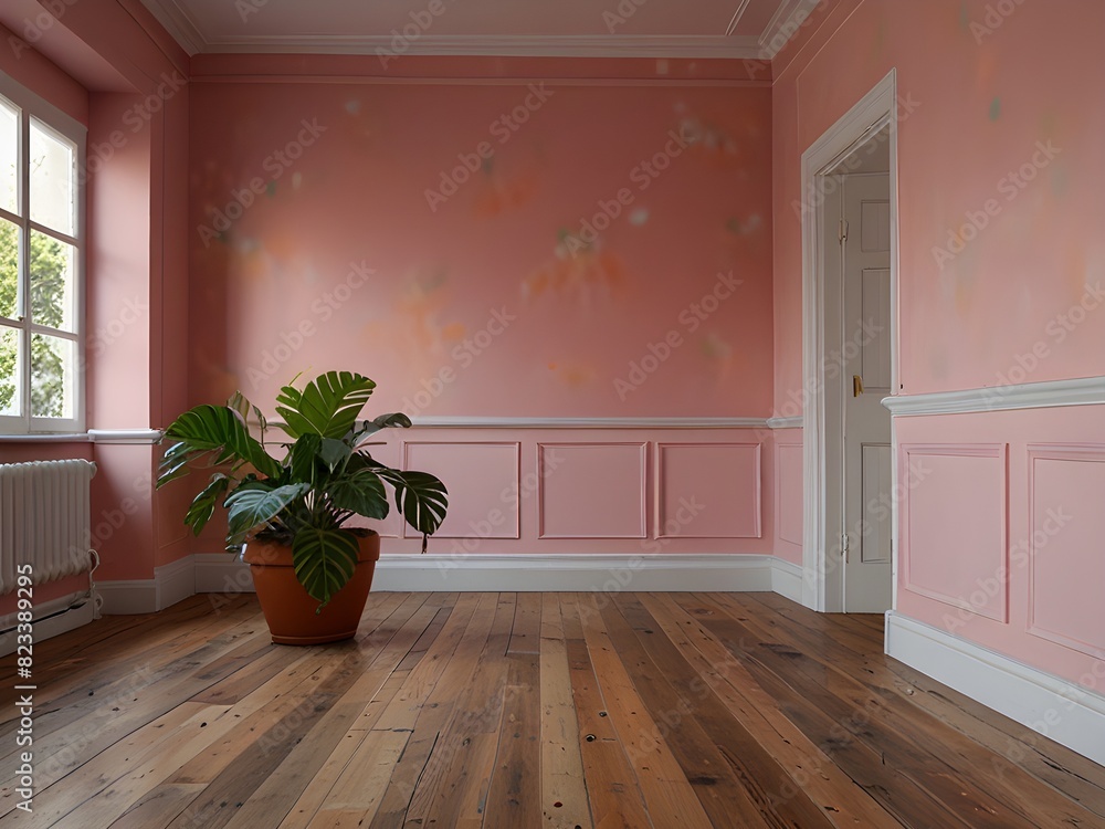 Minimalistic pink room with hardwood flooring and a small indoor plant, a simple and elegant interior design ideal for architecture and home decor themes Minimalistic pink room with hardwood flooring and a small indoor plant, a simple and elegant interior design ideal for architecture and home decor themes