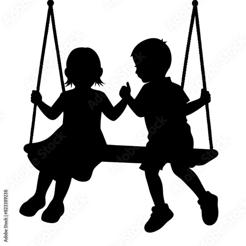 cute siblings on a swing vector silhouette black color, white background