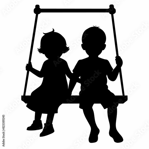 cute siblings on a swing vector silhouette black color, white background