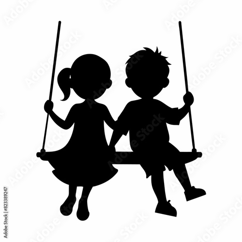 cute siblings on a swing vector silhouette black color, white background