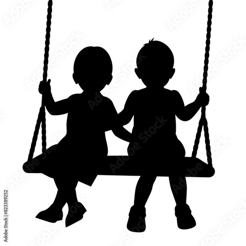 cute siblings on a swing vector silhouette black color, white background