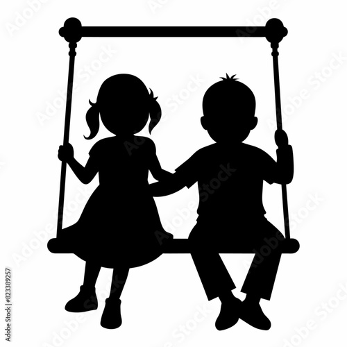 cute siblings on a swing vector silhouette black color, white background