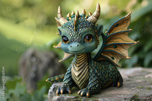 Imagine a dragon baby with rich emerald green scales, complemented by golden horns and accents. Its wings are vibrant and lush, with patterns reminiscent of lush forests and hidden glens photo
