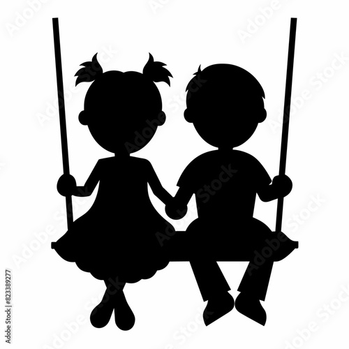 cute siblings on a swing vector silhouette black color, white background