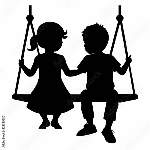 cute siblings on a swing vector silhouette black color, white background