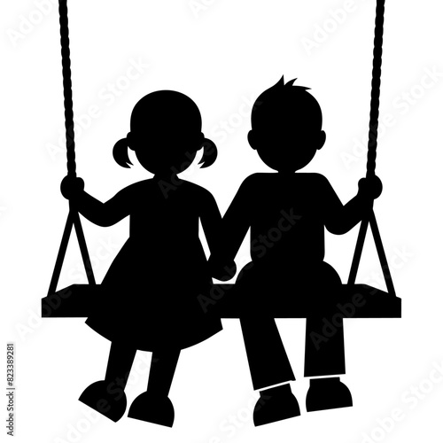 cute siblings on a swing vector silhouette black color, white background