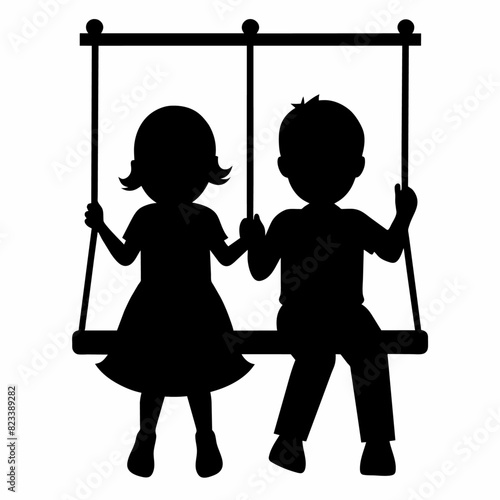 cute siblings on a swing vector silhouette black color, white background