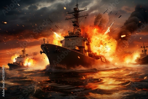 Dramatic illustration of warships engaged in a fiery ocean battle during sunset