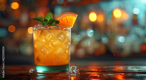 A detailed shot of a mixology cocktail, blurred bar setting photo