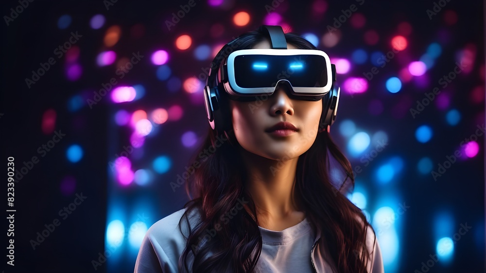 A young woman utilizing virtual reality glasses against a dark background. Using a smartphone with a virtual reality headset is a future technological notion.Asian woman with bright neon lights with v A young woman utilizing virtual reality glasses against a dark background. Using a smartphone with a virtual reality headset is a future technological notion.Asian woman with bright neon lights with v