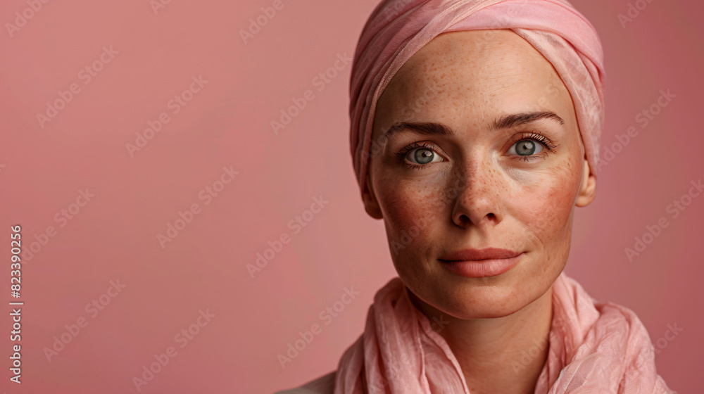 Portrait of a beautiful serene middle-aged woman, her head covered with a pink scarf, set against a soft pink background with space on one side for text. Female cancer awareness concept. Portrait of a beautiful serene middle-aged woman, her head covered with a pink scarf, set against a soft pink background with space on one side for text. Female cancer awareness concept.