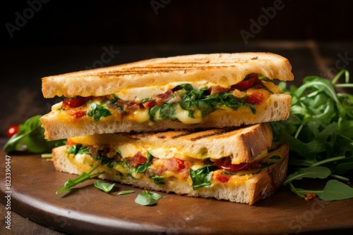 Delectable grilled cheese sandwich with spinach and tomato on a wooden board