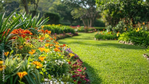 Well-manicured vibrant garden with colorful flowers and lush green lawn © Artyom