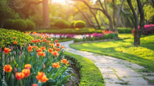 Vibrant tulip flowers lining sunlit park pathway