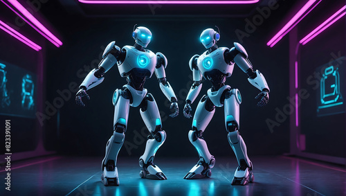 Futuristic humanoid robots engage in a dynamic pose against a dark background with colorful neon lighting. Robots feature sleek, rounded armor with bright pink and blue LED accents © mdaktaruzzaman
