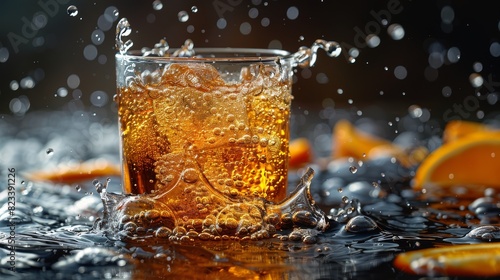 Effervescent soda in a glass with lively water splashes and slices of orange, conveying a feeling of refreshment