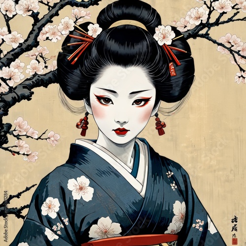 A beautifully illustrated portrait of a Japanese geisha in traditional attire, set against a background of cherry blossoms. photo