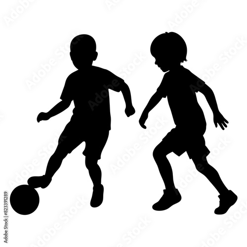 siblings are playing with a soccer ball vector silhouette, white background
