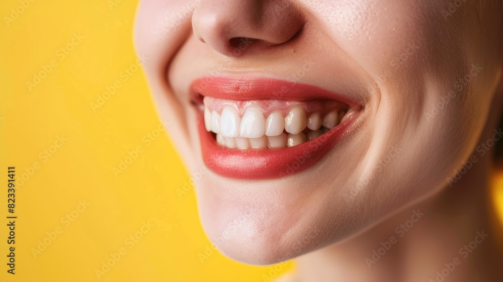 Fototapeta premium Close-up of smiling person with healthy white teeth against yellow background