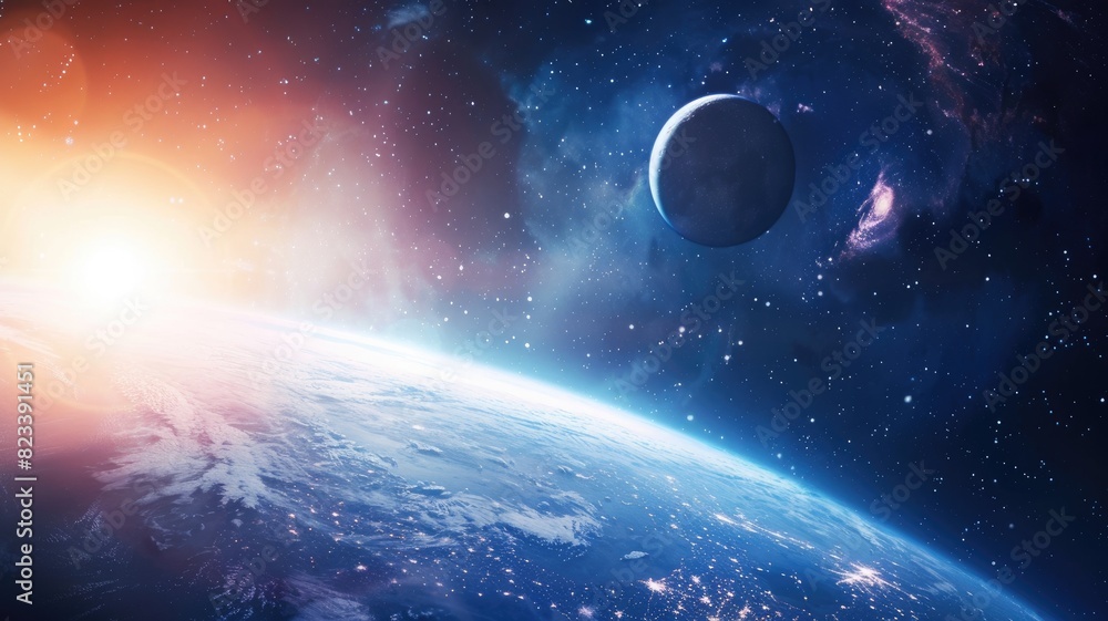 Obraz premium Vibrant space scene with sunrise over Earth-like planet and second in backdrop