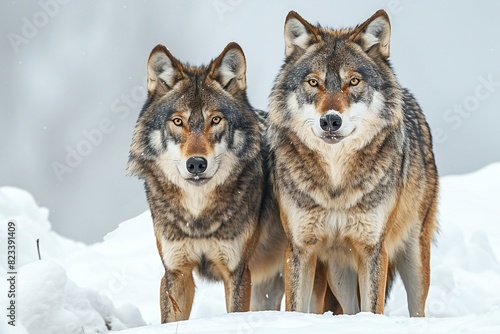 Two grey wolves, with one standing on a white background