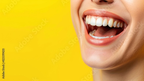 Close-up of smiling person with clear braces on teeth against yellow background photo