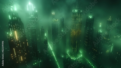 Futuristic City Concept Illustration in a Mystical Haze. Landscape with skyscrapers and transport lines.