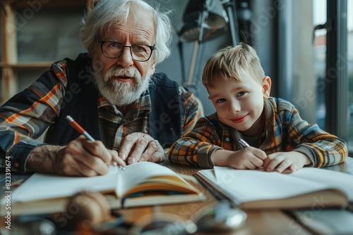 Grandfather and grandson doing homework together. Learning concept. © Irina Mikhailichenko