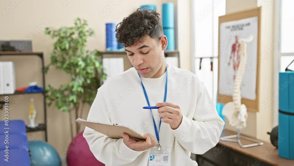 Amazed young arab man, mouth wide open in shock and disbelief, holds clipboard in physiotherapy clinic - mixture of fear and surprise on his handsome face Amazed young arab man, mouth wide open in shock and disbelief, holds clipboard in physiotherapy clinic - mixture of fear and surprise on his handsome face