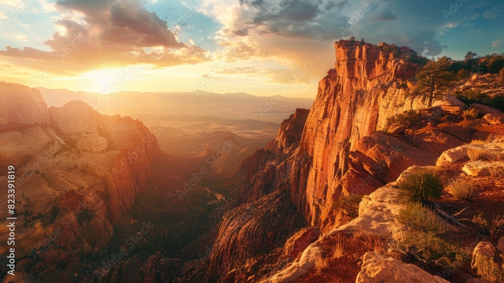 Majestic sunset over rugged canyon with illuminating light beams