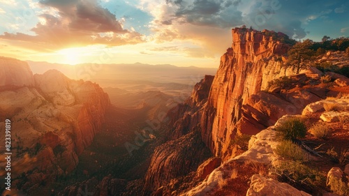 Majestic sunset over rugged canyon with illuminating light beams