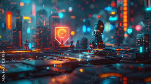 Futuristic cyberpunk city with glowing neon lights and a location pin symbol for technology and digital designs