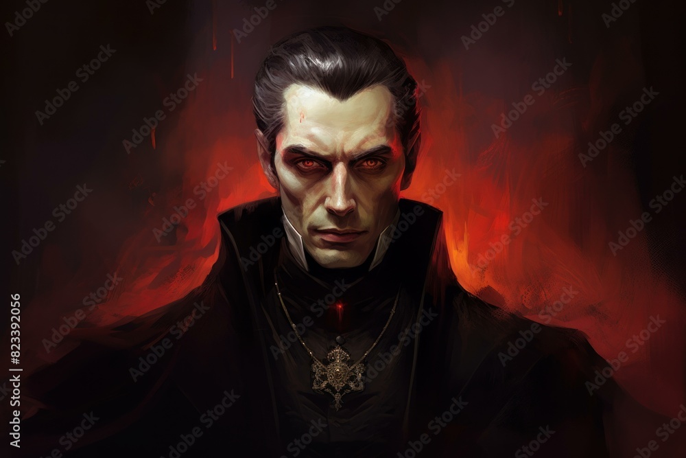 Enigmatic and mysterious vampire lord portrait in a gothic fantasy digital art with a menacing gaze, fiery background, and dark supernatural illustration Enigmatic and mysterious vampire lord portrait in a gothic fantasy digital art with a menacing gaze, fiery background, and dark supernatural illustration
